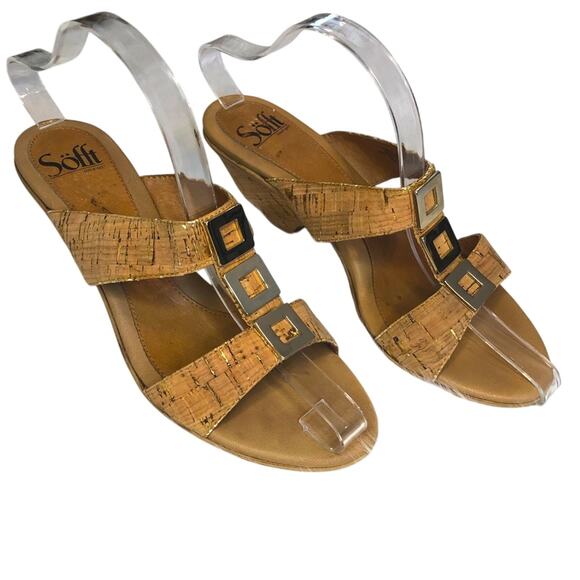 Sofft Cork Peep Toe Sandals Gold Size 8.5 - Picture 1 of 6